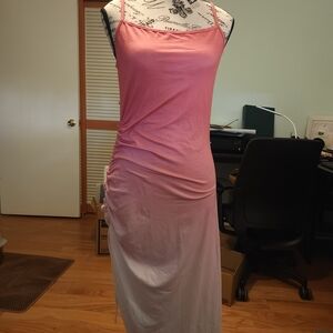 Pink Ombre Ruched Slit Maxi Slip Dress